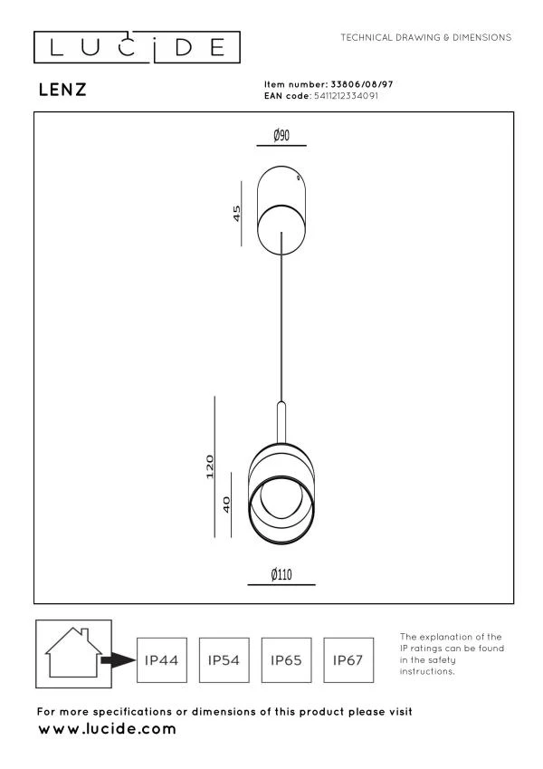 Lucide LENZ - Suspension Intérieur/Extérieur - Ø 11 cm - LED - 1x8W 2700K - IP54 - Rouille - technique